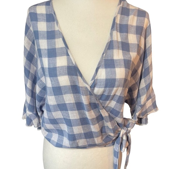 RAILS Athena Crop Wrap Gingham Blouse - blue & white, size small - Picture 5 of 15